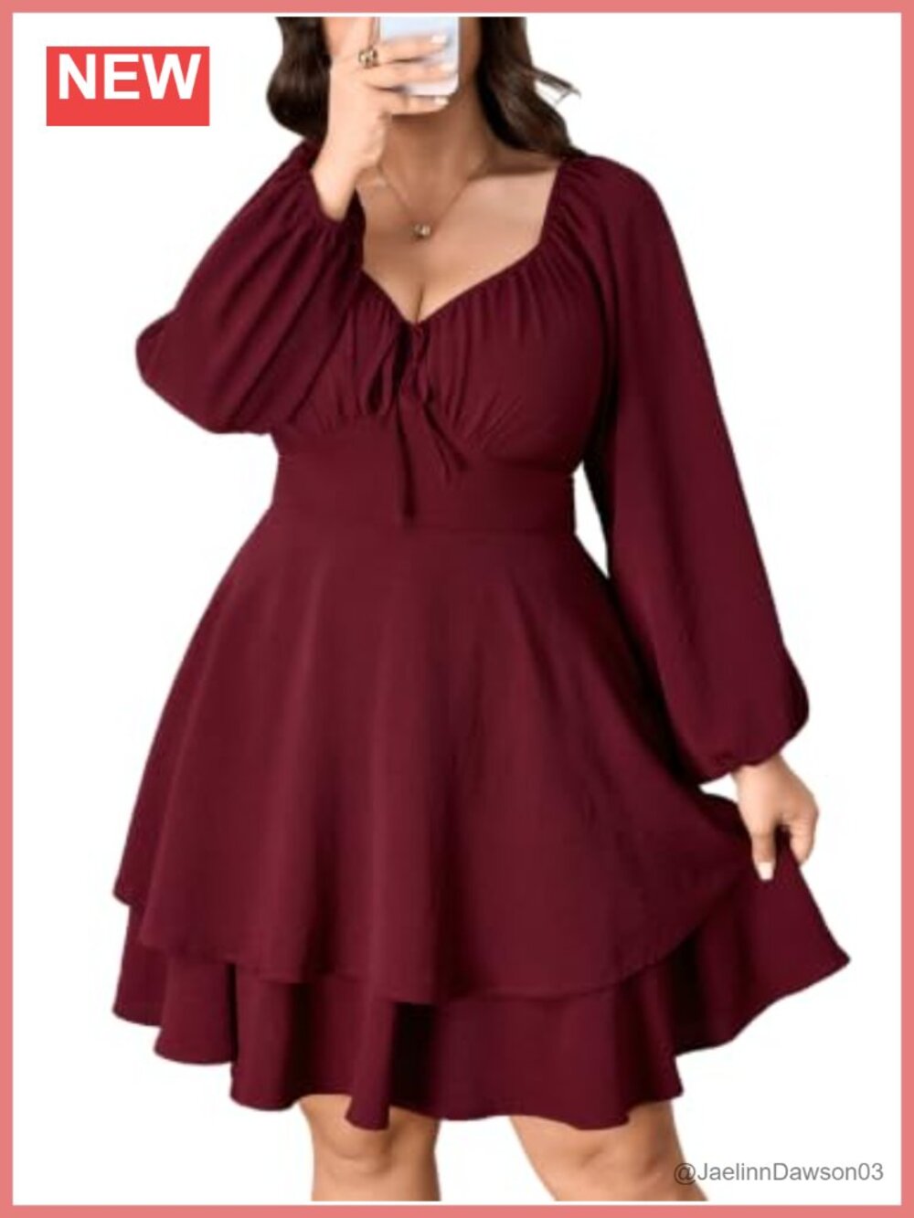 Plus Size Long Sleeve Tiered Mini Dress Sweetheart Neck A-Line Fit & Flare